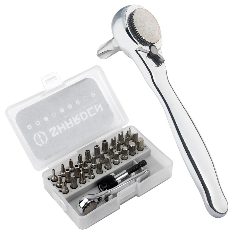 SHARDEN 32 in 1 Ratchet Screwdriver Bit Set with Right Angle Offset 1/4" High Torque Driver Handle, Socket Adapter, Extension Bit Holder, S2 Multi Bits for Ratchet Wrench, Screwdriver - Image 1